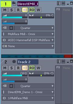 On the created track, set the INPUT to the midi interface that is connected to the EMX, select omni channel. From this point you should be able to control DirectEMX from the EMX.