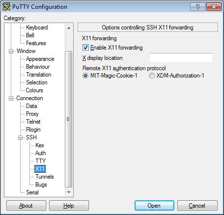 PuTTY Connection->SSH->X11 Check: Enable X11 forwarding (Allows