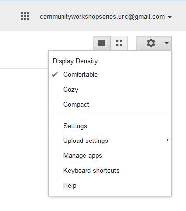 Getting More Help For additional help for Google Drive, click the gear icon near the top right-hand corner of your screen. Choose Help from the menu.