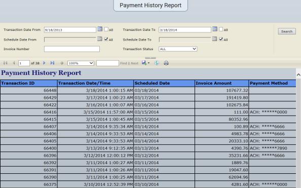 1. Click the Reports link. The Reports menu is displayed. 2. Select the Payment History Report option. The Payment History Report page is displayed. 3.