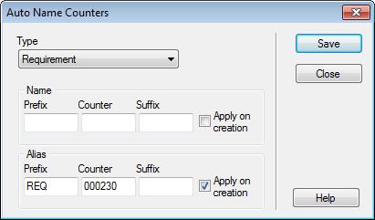 Figure 11: The auto naming window showing how to set the counters for a requirement For more information on setting the auto-counters
