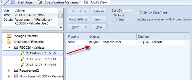 Figure 18: Audit view showing a list of alterations with the details of a Name change shown With the Auditing View enabled the System Output Audit History window