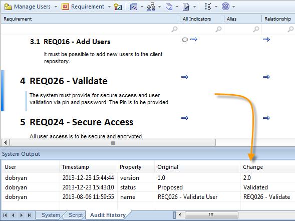 Figure 19 shows a requirement selected in the Specification Manager and a set of alterations to this element logged in the Audit History view.