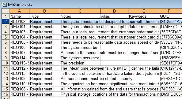 Figure 25: An example requirements spreadsheet Once completed, this spreadsheet is saved as a CSV format file.