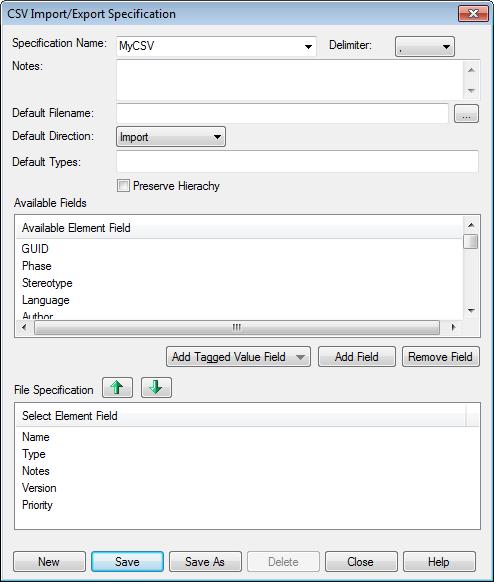 To set up a template: Figure 26: The CSV import specification Give it a specification name Define the default filename the specification will use Set Default Direction to Import Select the key fields