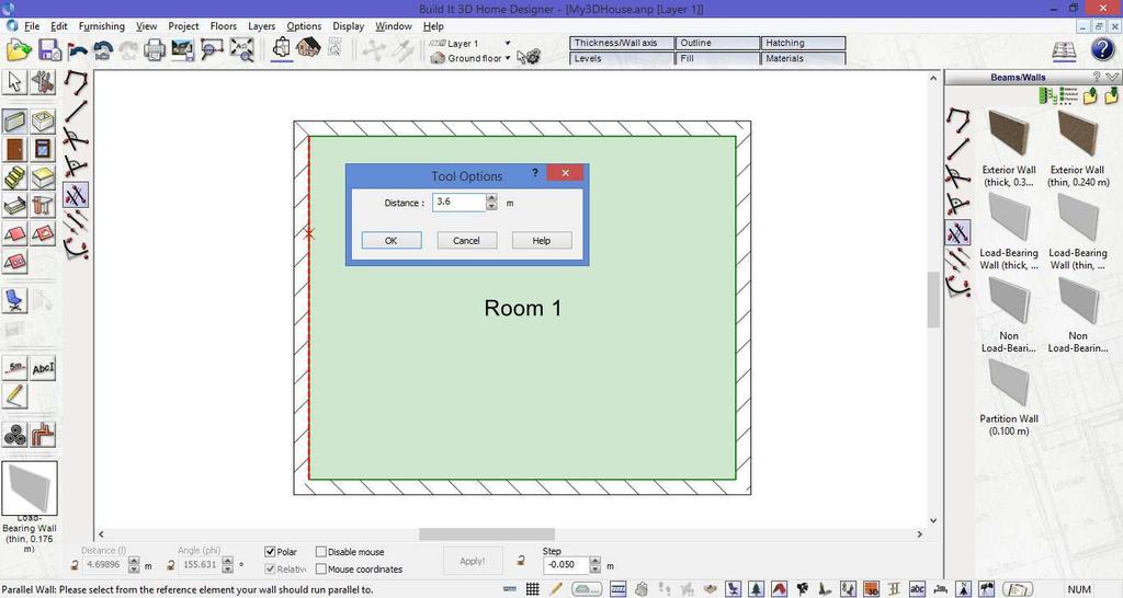 2. Double-click the Walls folder and select the wall type Interior wall (medium) and then select the input type Parallel Wall (in How bar) from within the catalogue or from the left-side of screen. 3.