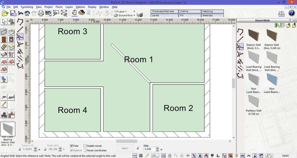 Click to specify the end point of wall Editing tools: Mitre walls (L) option In the previous section you learnt how to draw an