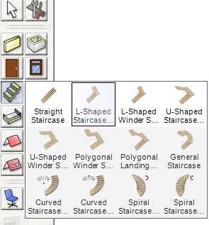 Stairs 1. Start by left-clicking the Stairs icon in the vertical bar on the left. 2. From the fly-out menu select the stair type L-Shaped Staircase.