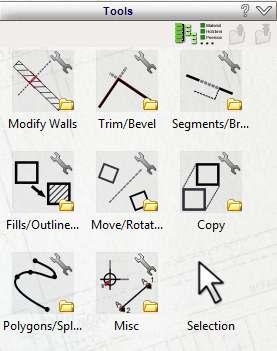 Materials Material area Dimensions Text 2D drawing tools Symbols library Current selection In Construction mode, there is also a second vertical bar that appears when selecting certain tools.