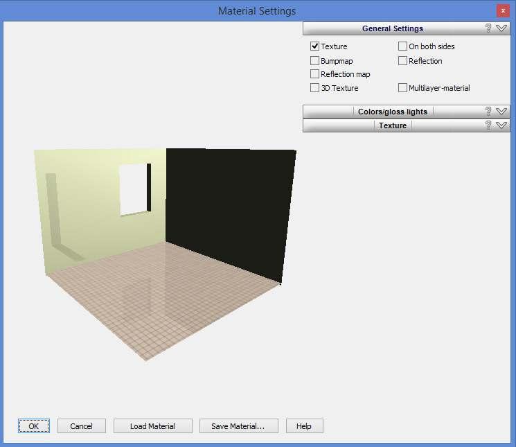 12. The Material settings dialogue box will appear. TIP: If you want to select and apply a material from one part of your building design project to another e.g. duplicate a floor tile to another part of building, use the Texture/Material picker tool in the horizontal bar.