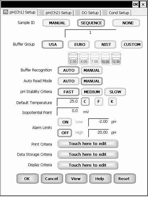 ph Setup: ph Setup Screen XL15, 20, 25, 50 and 60 meters Available only in XL15, XL20, XL25, XL 50 and XL60 meters, the ph Setup screen presents many options to control the ph operating parameters of