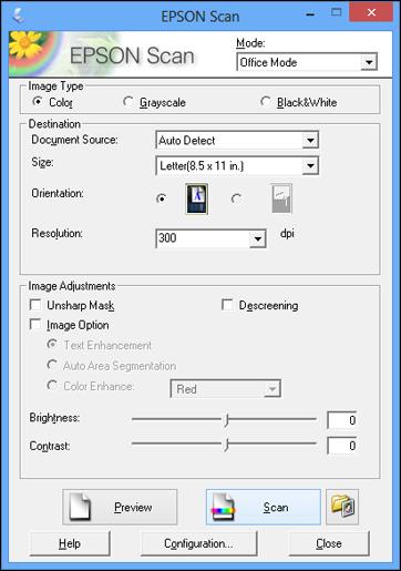 Scanning in Office Mode When you scan in Office Mode, Epson Scan automatically saves your scanned file in JPEG format in your operating system's Pictures or My Pictures folder, or opens it in