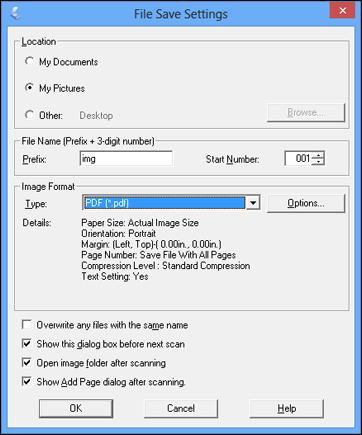 You see the File Save Settings window. 7. Select PDF as the Type setting. 8.