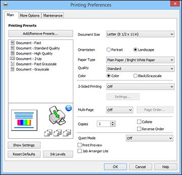 You see the printer settings window: 3. Select the print settings you want to use as defaults in all your Windows programs. 4. Click OK. These settings are now the defaults selected for printing.