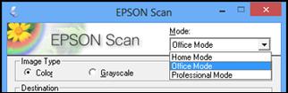 Selecting the Scan Mode Select the Epson Scan mode you want to use from the Mode box in the upper right corner of the Epson Scan window: Parent topic: Selecting Epson Scan Settings Scanning in Home
