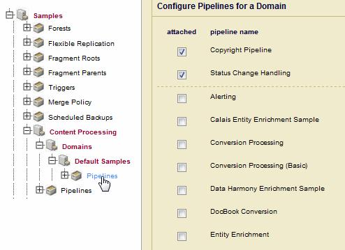 Click OK to load the pipelines located in the samples directory into the Triggers database. 8. In the left tree menu, expand Domains and Default Samples under Content Processing and click Pipelines.