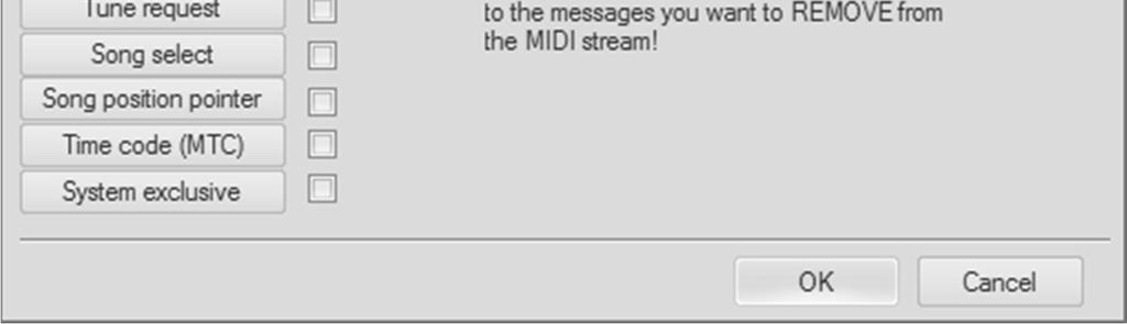 The checkbox grid in this dialog covers all the possible MIDI commands.