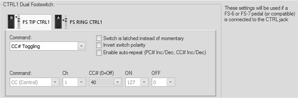Ctrl 1 & 2 Dual Footswitch settings Command (foot switch commands): When a dual foot switch (FS-6 or FS-7) is connected to the CTRL jack