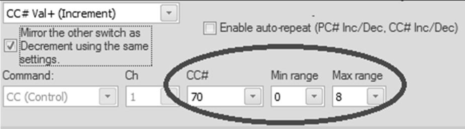 If you want an auto-repeat functionality, check the Enable auto-repeat option. In this mode the MIDX-20 powered-on value is the Min value.