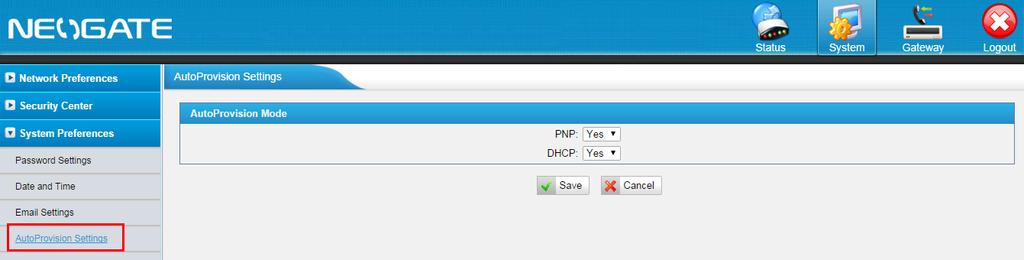 Two Methods are supported for TA FXS Gateway provision: PnP and DHCP. If DHCP method is selected, you should enable DHCP Server on MyPBX (System Network Preferences DHCP Server).