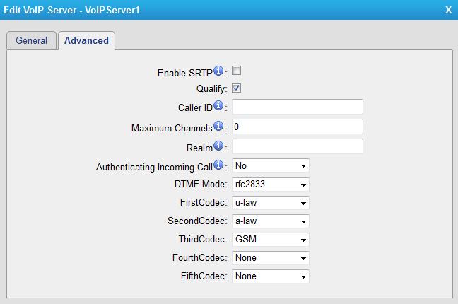 Advanced Figure 4-10 VoIP Server Advanced Settings Table 4-4 Description of VoIP Server Advanced Settings Items Description Enable SRTP Define if SRTP is enabled for this VoIP server.