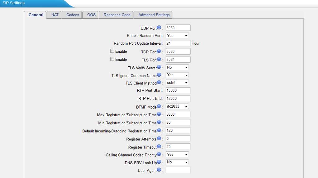 Figure 4-12 SIP General Settings Items Table 4-6 Description of SIP General Settings Description UDP Port Port used for SIP registrations. The default is 5060.