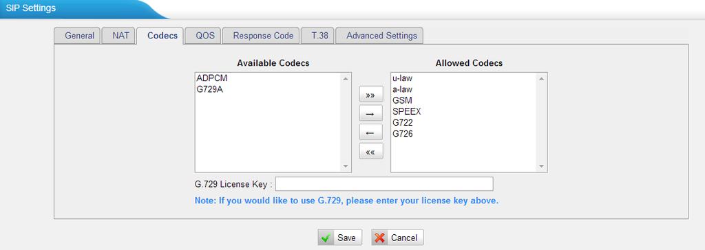 Figure 4-14 Codecs If you want to use codec G729, we recommend buying a license key and input it here.