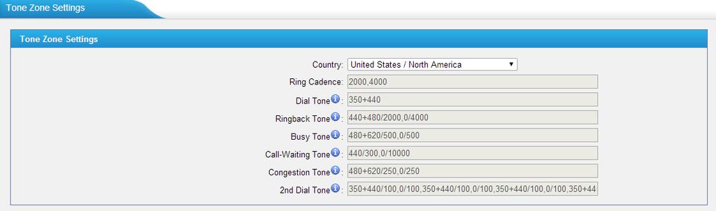 Figure 4-28 Tone Zone Settings Users may also configure the tone zone according to the national standard by selecting "User custom for Tone Zone".