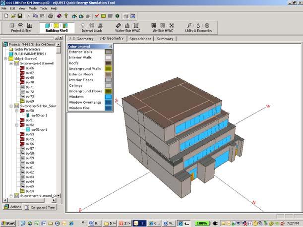 7. There are several items worth noting in the equest file. a. The adjacent building shown in the original Revit file is not exported to equest.