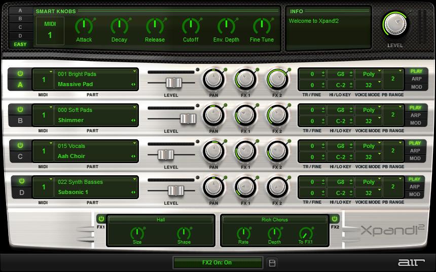 Operation Xpand!2 is multi-timbral. It provides four synthesizer slots, each with individual MIDI channel, Mix, Arpeggiator, Modulation and Effects settings.