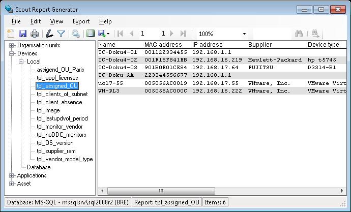 2. Interface 2. Interface The Scout Enterprise Report Generator application window is divided into two areas. On the left, all reports defined are listed.
