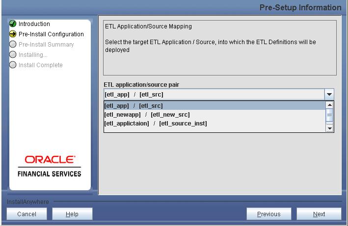 Step 13-ii If the option Existing application/source pair was chosen the following panel will be displayed prompting user to select app/source pair from the list of pairs already present.