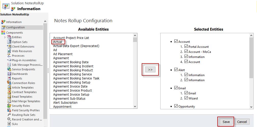 Click on Settings to view the Notes Rollup Configuration page with the list of Available Entities.