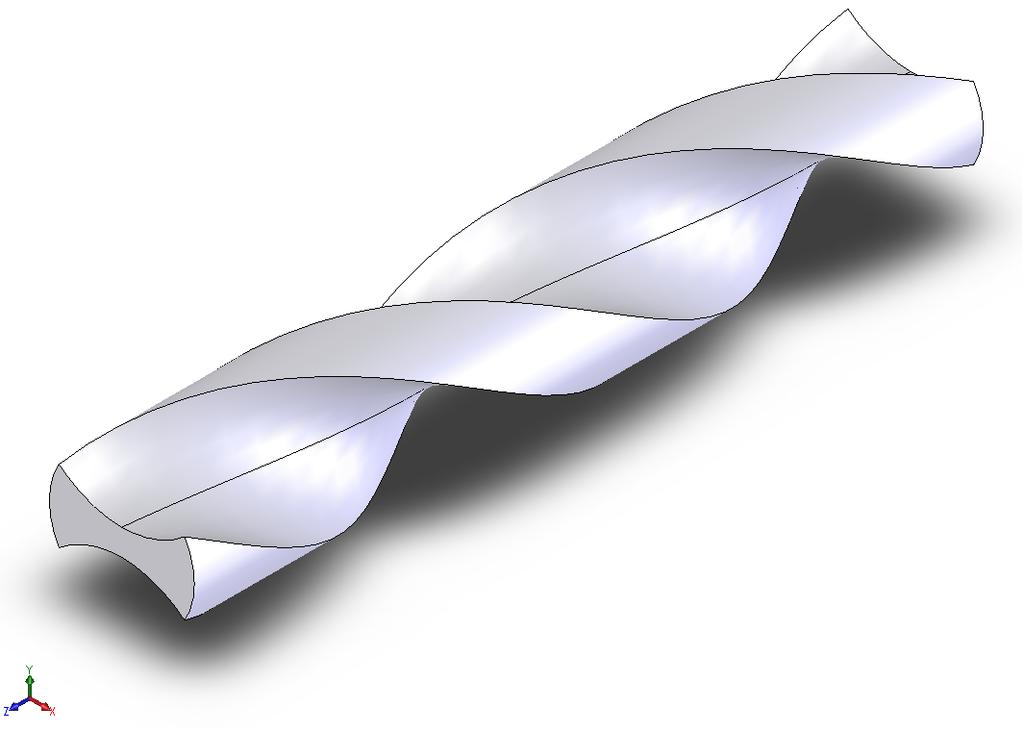 based on the drill radius (R) and the helix angle (h) as: l flute = 2πR tan h (5) Figure 7: Solid Flute Body The sweep-extrusion is performed using the Part.