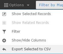 Click Export Selected to CSV The selected record is exported as a CSV and is downloaded in your web
