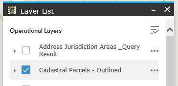 Layer Move, Pop-up and Transparency Open the Layer List. Turn on the Cadastral Parcels Outlined Layer Group. Click the 3 dots to the right of the Group Layer.