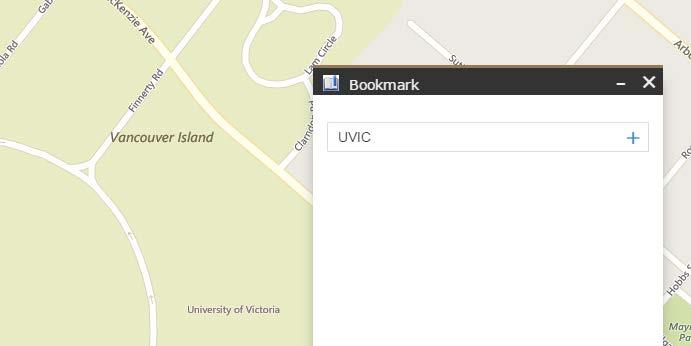 Bookmark Navigate to a location and scale that you would like to save as a bookmark. Select the Bookmark tool. Enter a name for the Bookmark. Click to create the bookmark.