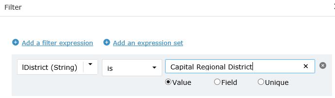 Create a query expression. Example: o RegionalDistrict (String) is Capital Regional District o o Click OK.