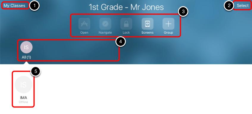 Explore Classroom Interface Note the following areas of the Classroom app interface: 1. My Classes -- allows you to switch between classes which the teacher can control. 2.