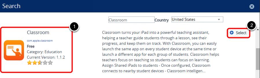 Select the Classroom App 1. Find the Apple Classroom app in the list. The identifier will be com.apple.classroom.