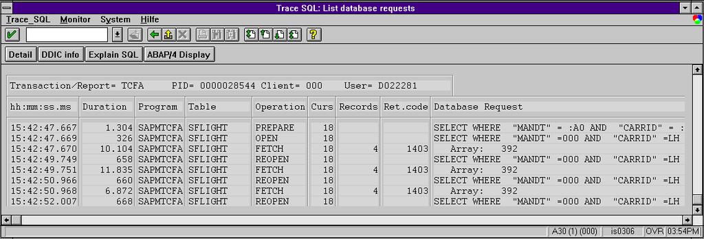 SAP AG Analyzing a Sample SQL Data File Analyzing a Sample SQL Data File When you create an SQL trace file for an application, you can see exactly how the system handles database requests.
