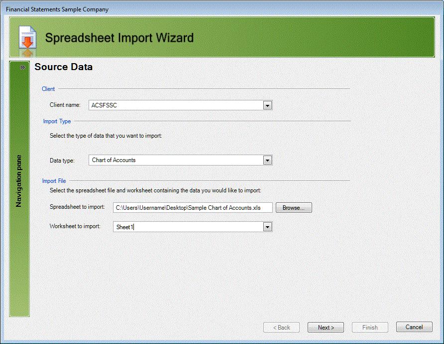 Adding a New Client Record Importing data from the sample spreadsheet 1. From any screen in Workpapers CS, choose File > Import > Spreadsheet to open the Spreadsheet Import Wizard. 2.