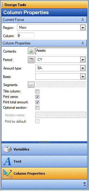 Column Properties Select column B in the design grid to view its Column Properties. Region. Displays the region that corresponds to the current selection in the design grid. Column. Displays the column reference that corresponds to the selected column.