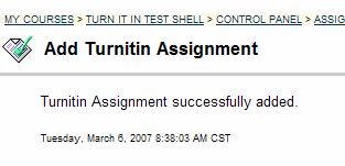 Click OK to close this screen and return to the content folder that the assignment was placed in. You have successfully created a Turnitin assignment.