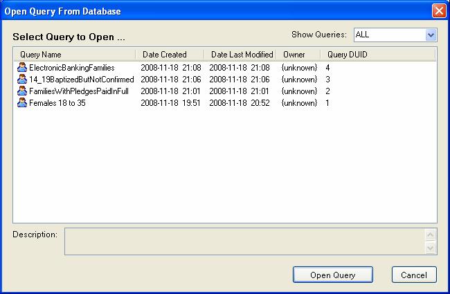 Open Recent Queries The Open Query menu has a Recent Queries option that will display any queries that you have opened in your current login session.