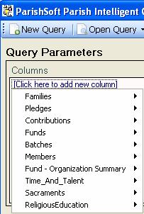 view_qb_pledges_2008 (Quick Batch Pledges), and view_qb_pledges_2007. Complete the following steps to create a new query using Parish IQ.