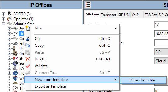 3. To create the SIP Trunk from the template, right-click on Line in the Navigation Pane, and select New From Template Open File. 4.
