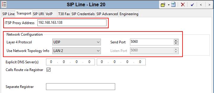 5.4.3. SIP Line - Transport Tab Select the Transport tab. Set or verify the parameters as shown below. Set the ITSP Proxy Address to the IP address of the XO Communications SIP proxy.