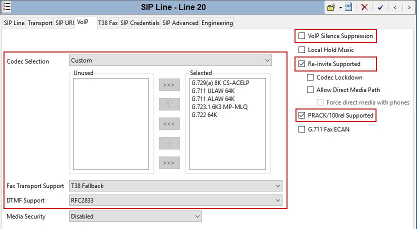 5.4.6. SIP Line - VoIP Tab Select the VoIP tab, to set the Voice over Internet Protocol parameters of the SIP line. Set or verify the parameters as shown below.