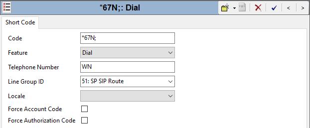 Optionally, add or edit a short code that can be used to access the SIP Line anonymously. In the screen shown below, the short code *67N; is illustrated.
